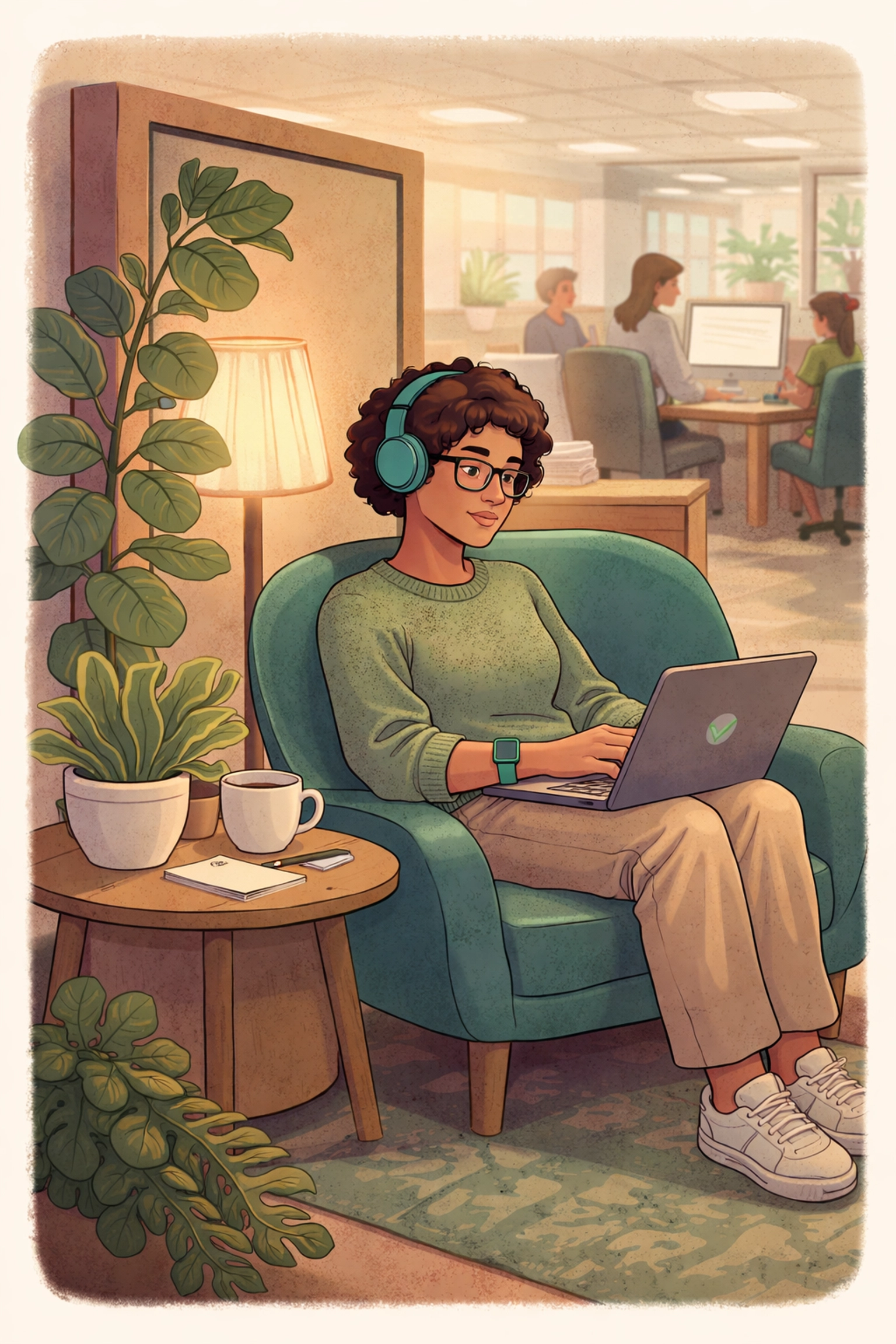 Neurodivergent employee using sensory-friendly workspace accommodations with wearable wellness device