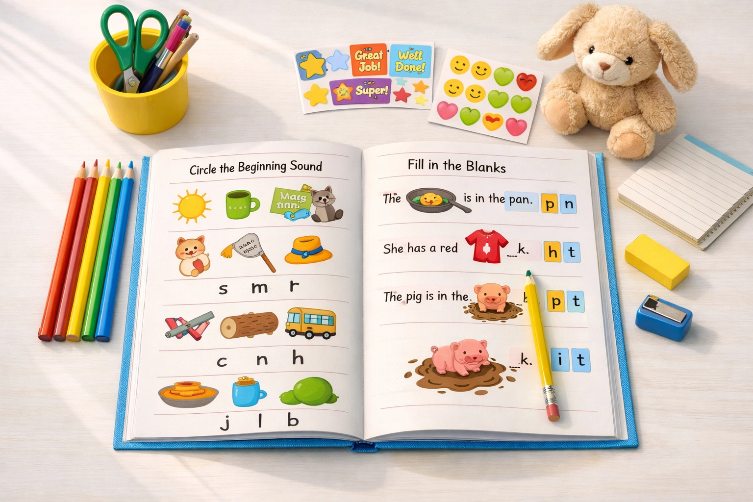 Organized phonics workbook and learning materials on child's study desk