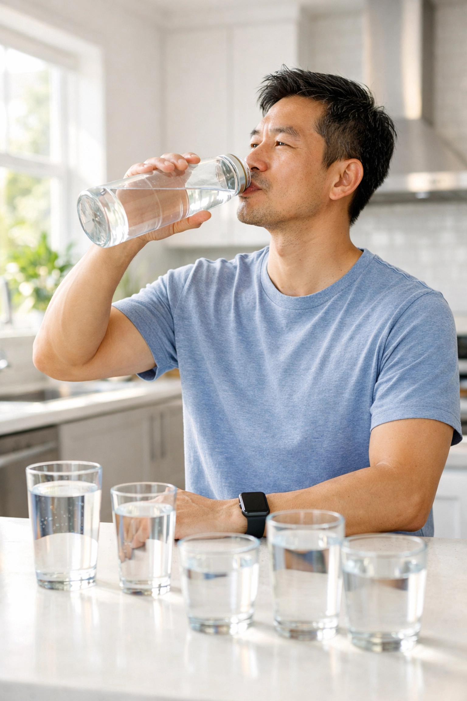 Man staying hydrated by drinking water to combat afternoon energy dip