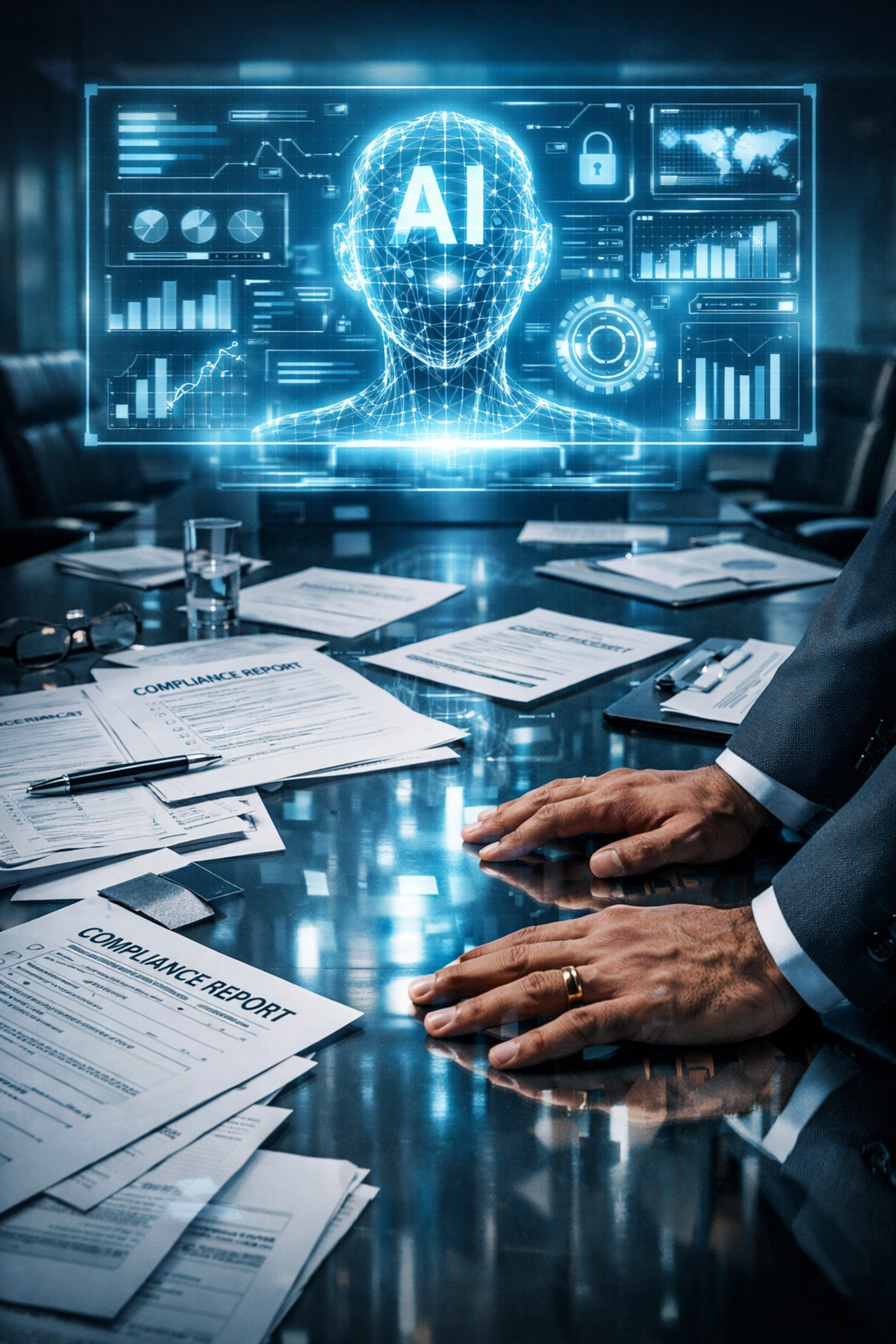 Executive reviewing AI governance compliance documents in corporate boardroom with holographic interface
