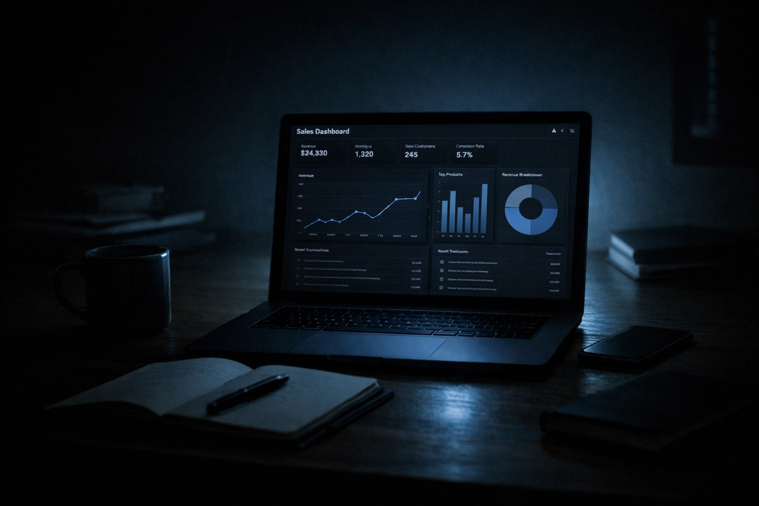 A founder's desk at night with a glowing screen, representing 24/7 AI sales outreach capacity.