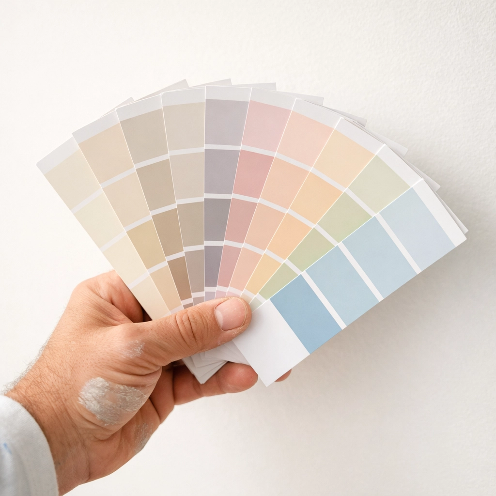Professional painter holding colour sample cards for Cheltenham home decorating project