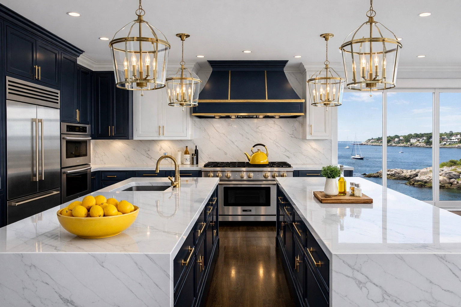 Professional Marblehead Coastal Estate Cleaning for a modern kitchen with polished marble islands.