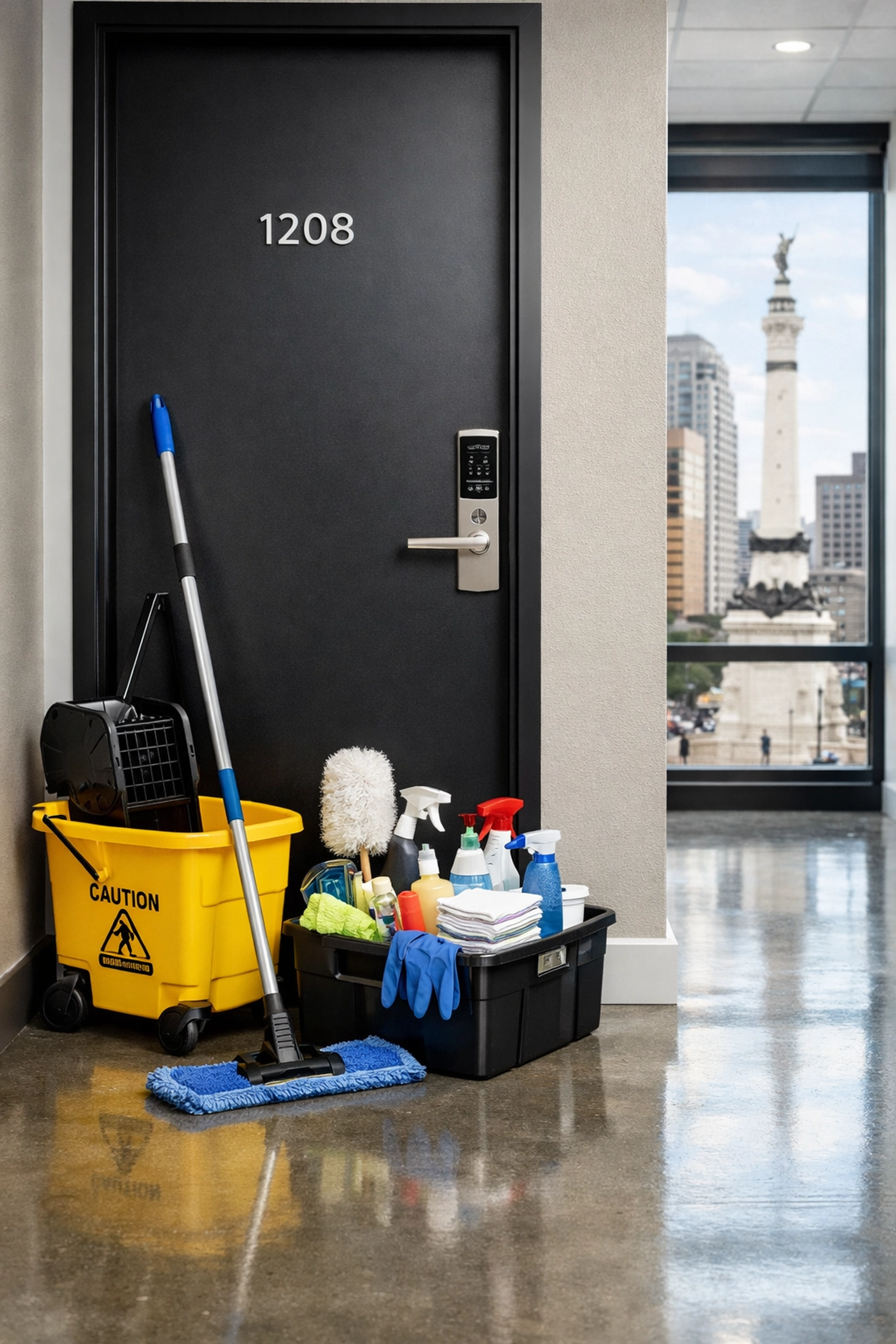 Professional apartment turnover cleaning supplies staged in an Indianapolis metropolitan multifamily building.