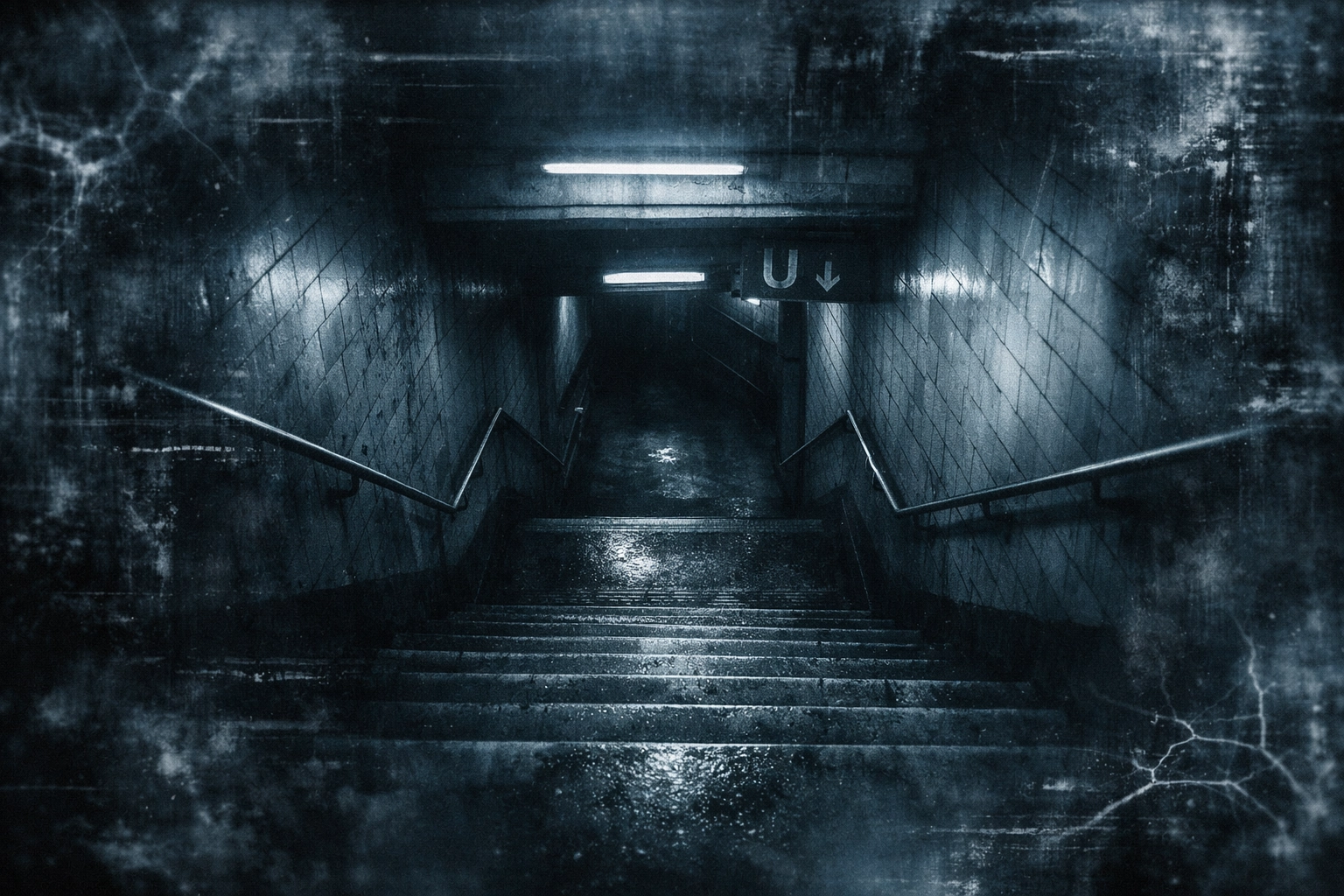 Düsteres U-Bahn-Treppenhaus der 70er Jahre als Symbol für den Abgrund und verdrängte Traumata am Bahnhof Zoo.