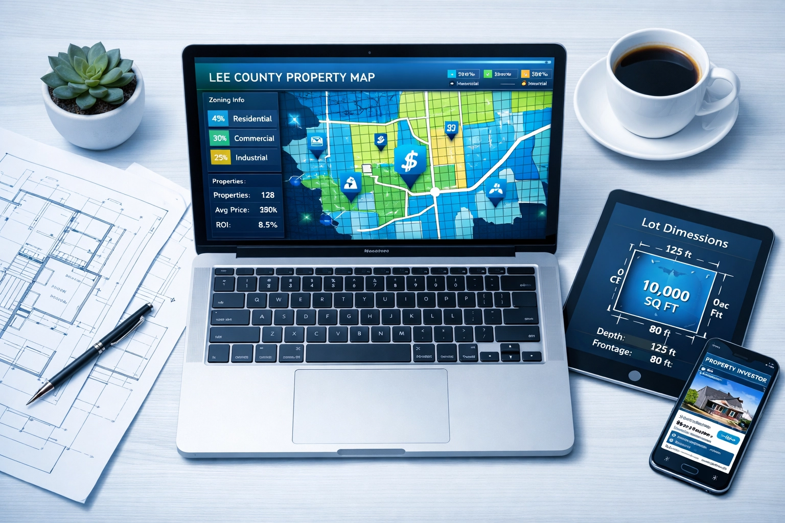 Digital property map showing Lee County zoning overlays and ADU-eligible parcels for investors