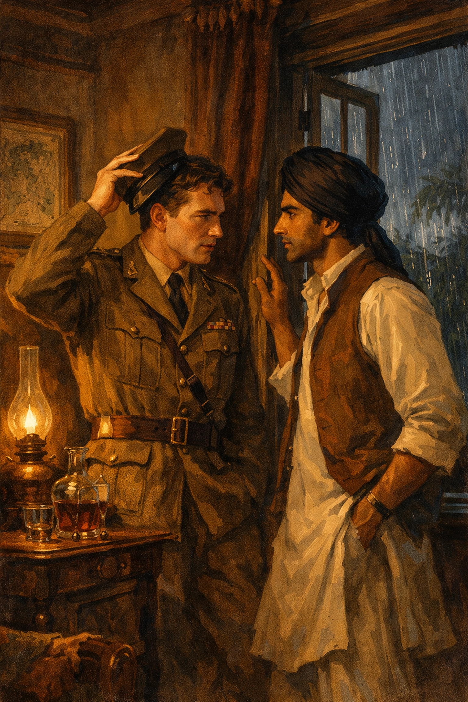 Secret meeting British Raj WWII: Two men in colonial room, historical gay romance illustration