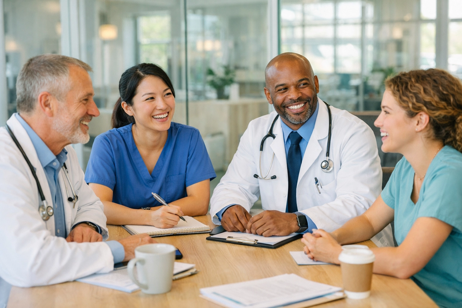 Diverse medical team collaborating in modern treatment facility meeting room