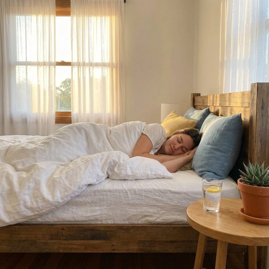 A woman peacefully sleeping in bed
