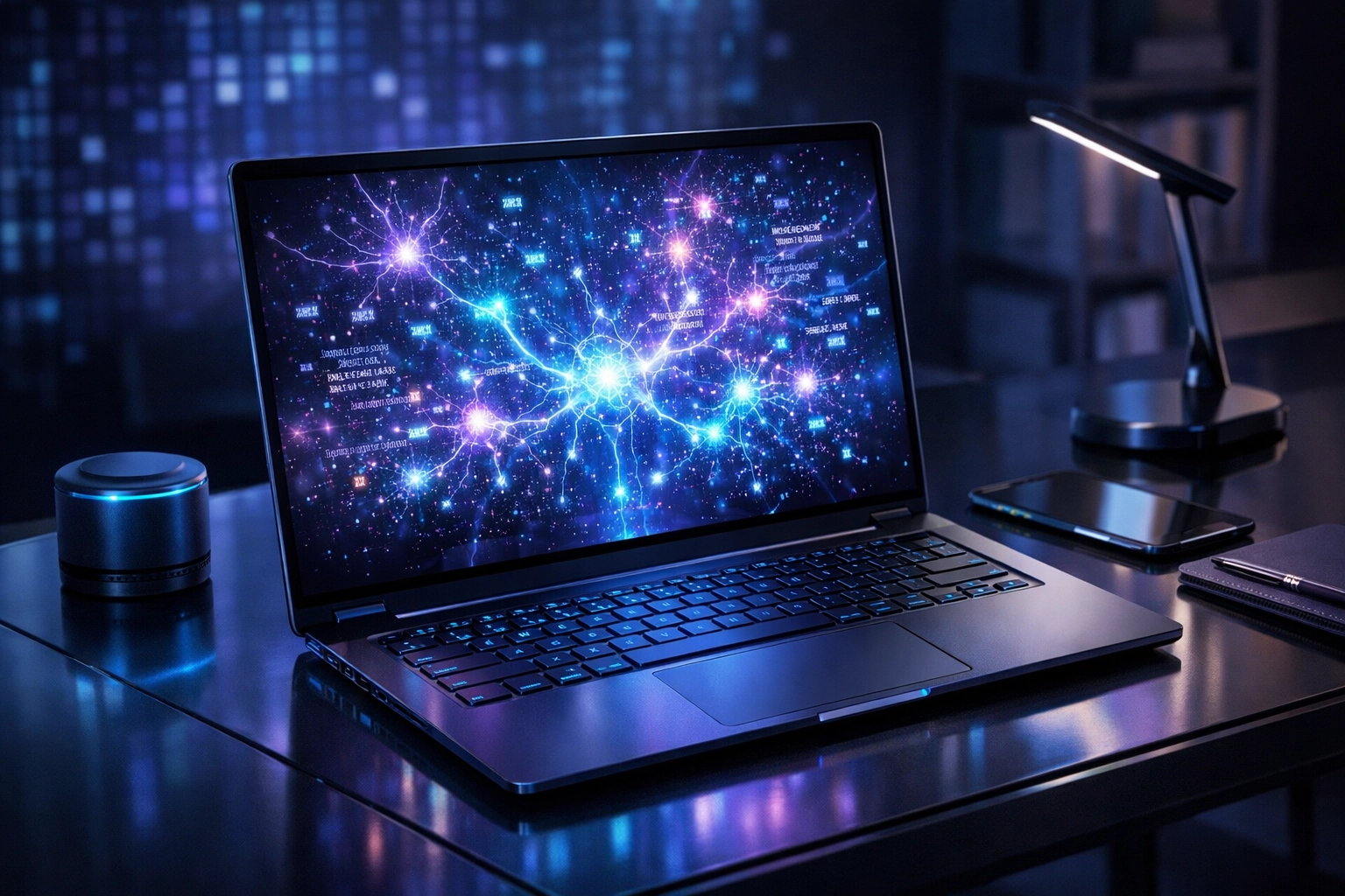Futuristic laptop screen glowing with digital data representing AI content marketing prompts.