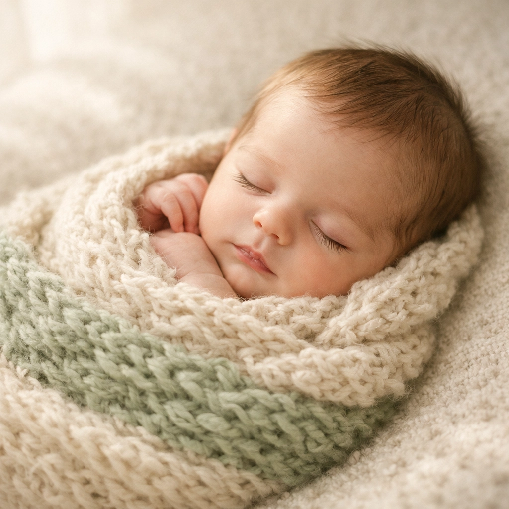 Artistic studio newborn photography featuring a sleeping baby in a soft wool wrap.