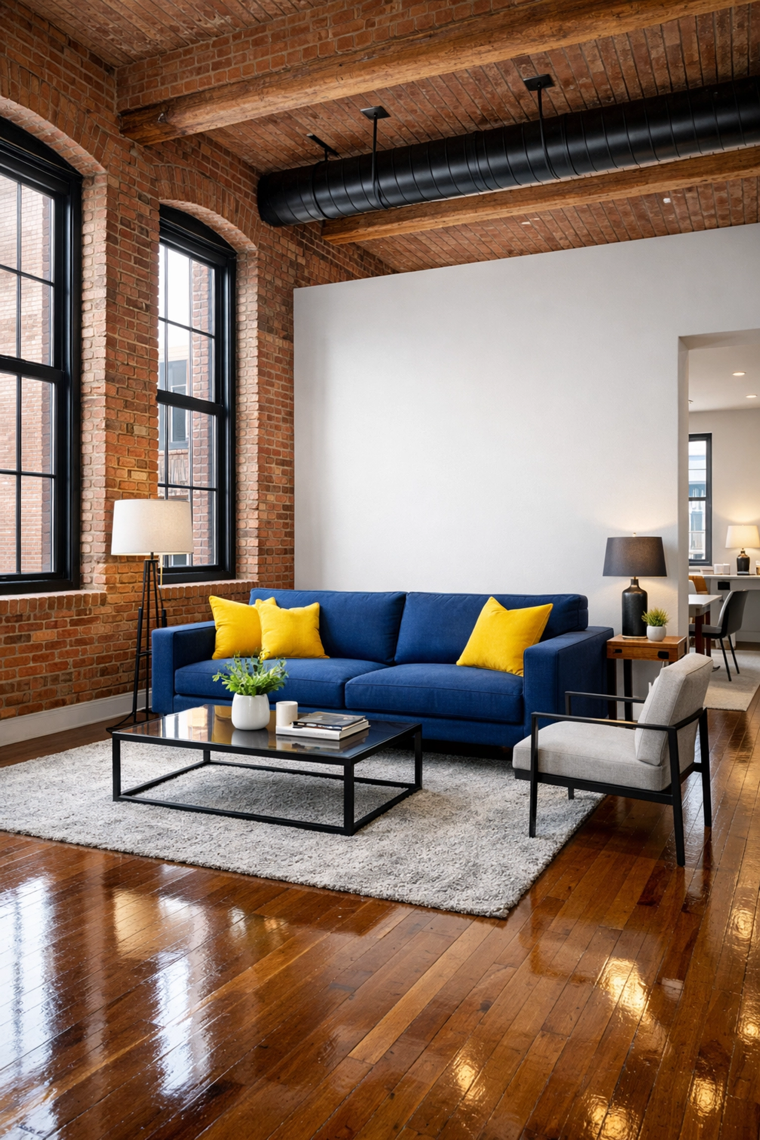 Modern industrial condo in Fitchburg with polished hardwood floors after professional cleaning services.