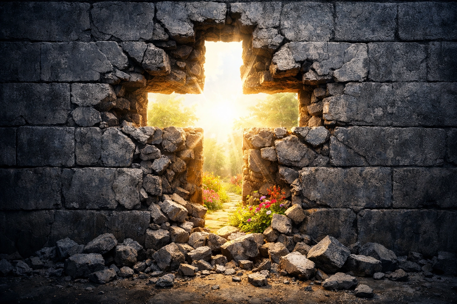 Light shining through a cross-shaped gap in a crumbling wall, symbolizing spiritual reconciliation.