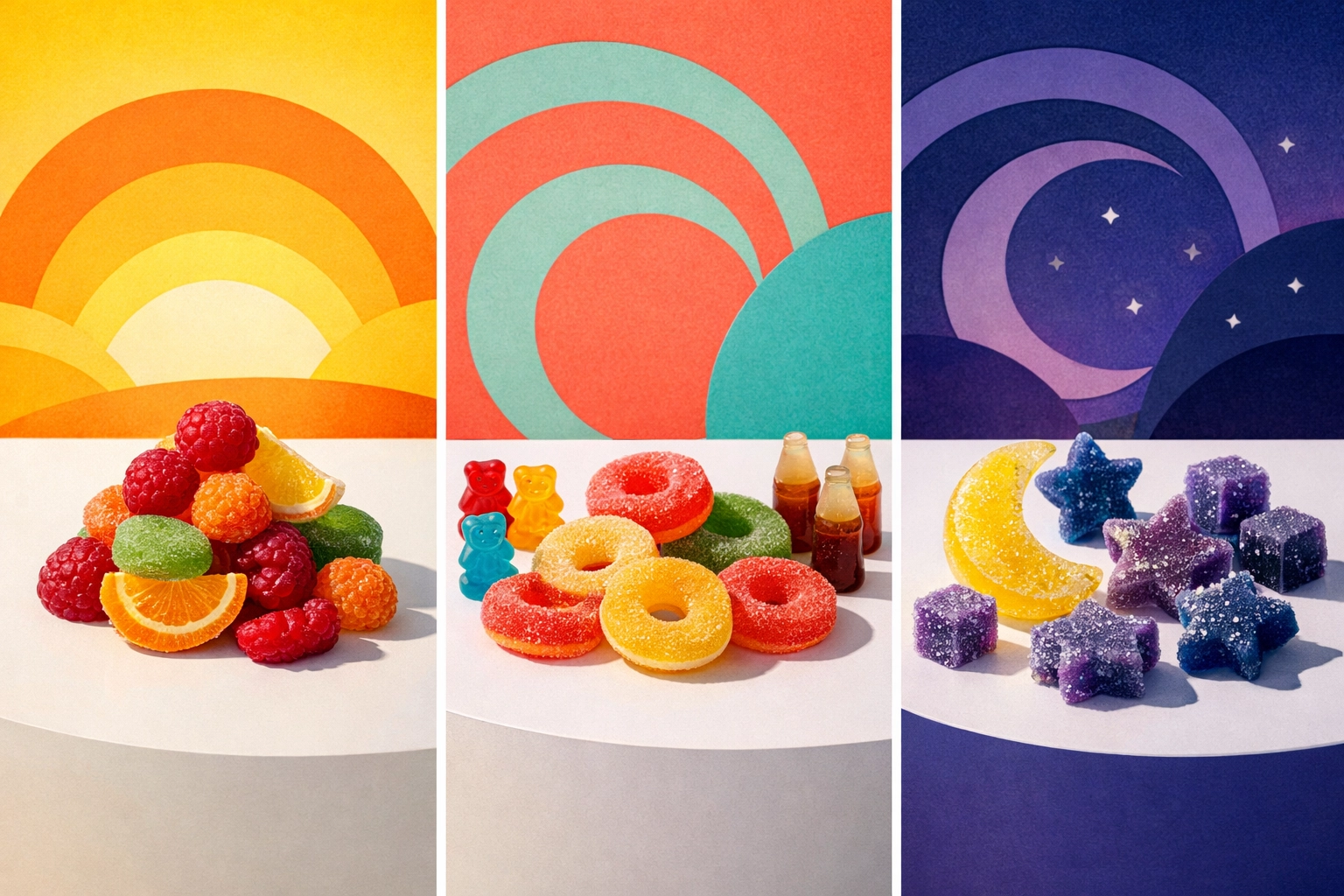 Three types of Delta 9 THC gummies for morning, day, and evening use