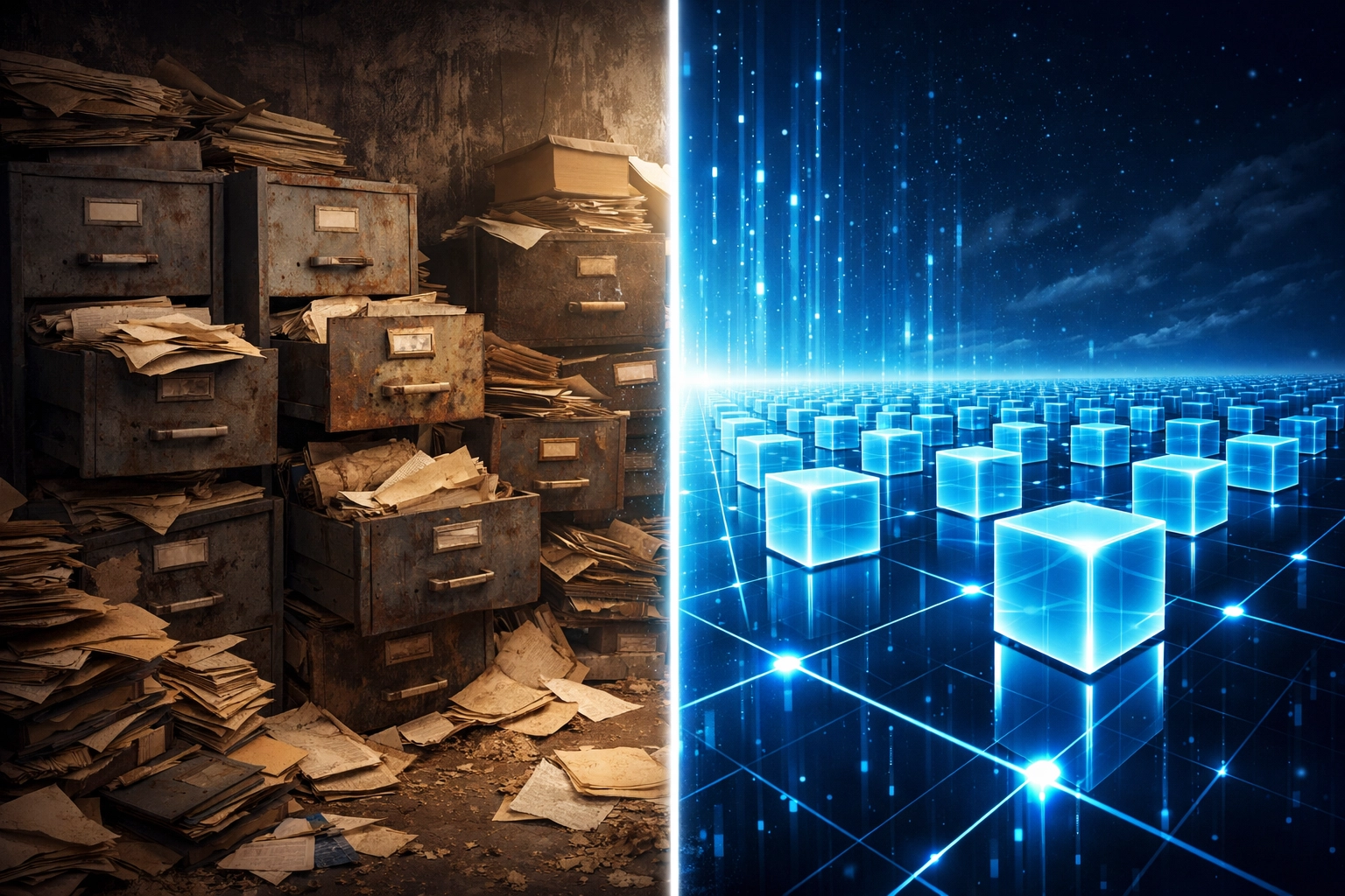 Comparison of disorganized paper records and structured digital data for Zoho implementation.