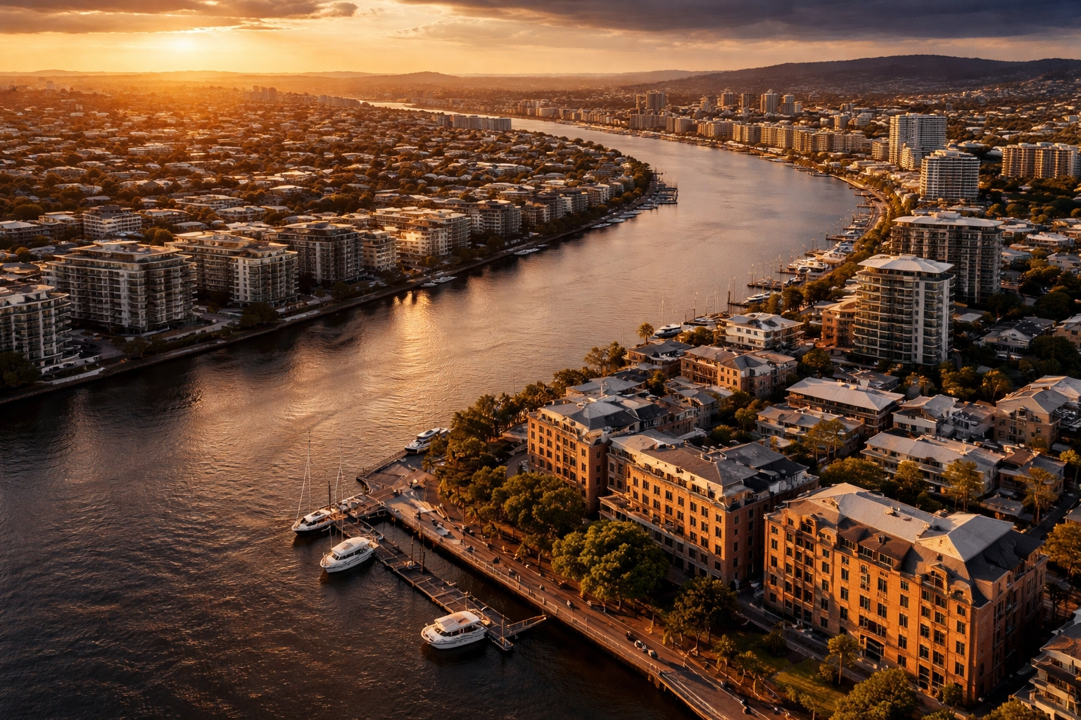 Aerial view of Teneriffe and Hamilton luxury suburbs, prime locations for Brisbane cosmetic clinics