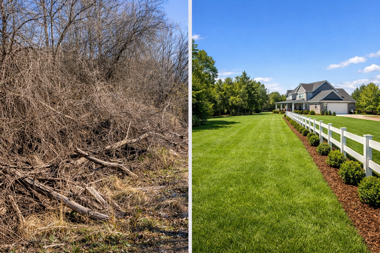 Before and after comparison of dense brush removal and a professionally cleared lawn.