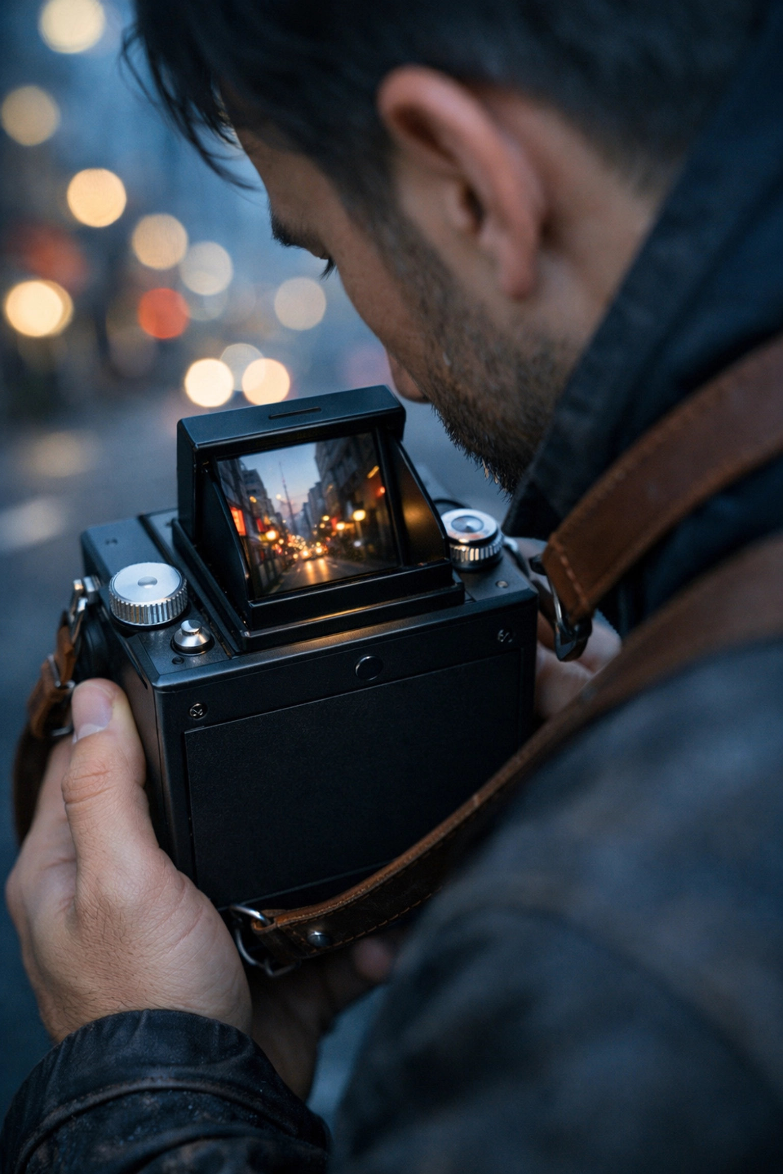 Photographer using a retro-style digital camera with a waist-level viewfinder in an urban environment.