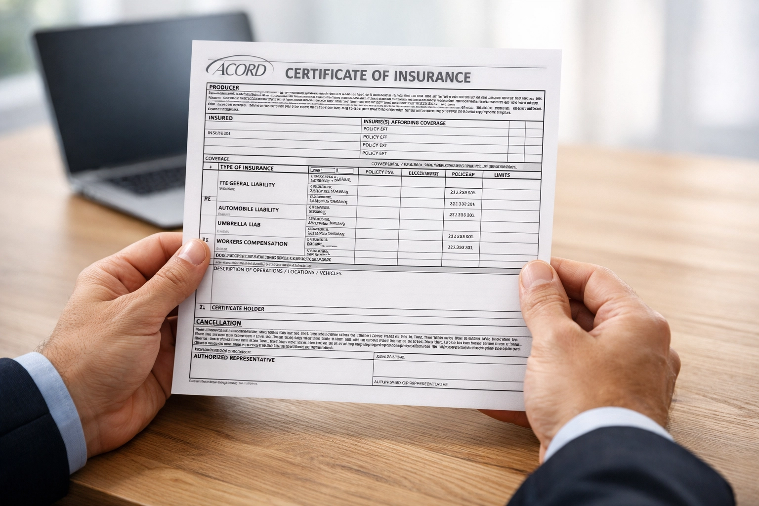 Business owner holding an ACORD Certificate of Insurance document for Connecticut business insurance.