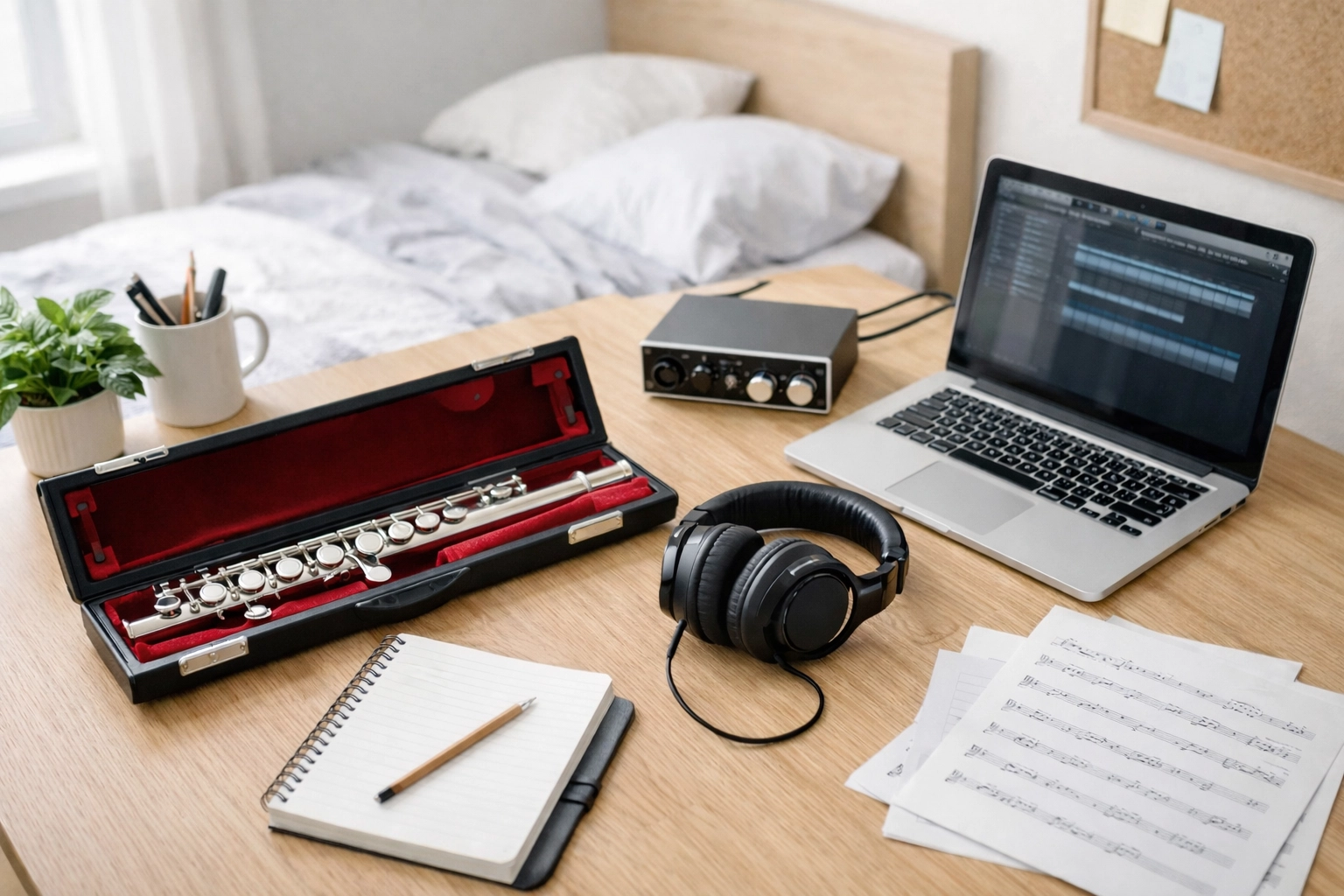 Music student's organised desk with flute, headphones and equipment requiring insurance