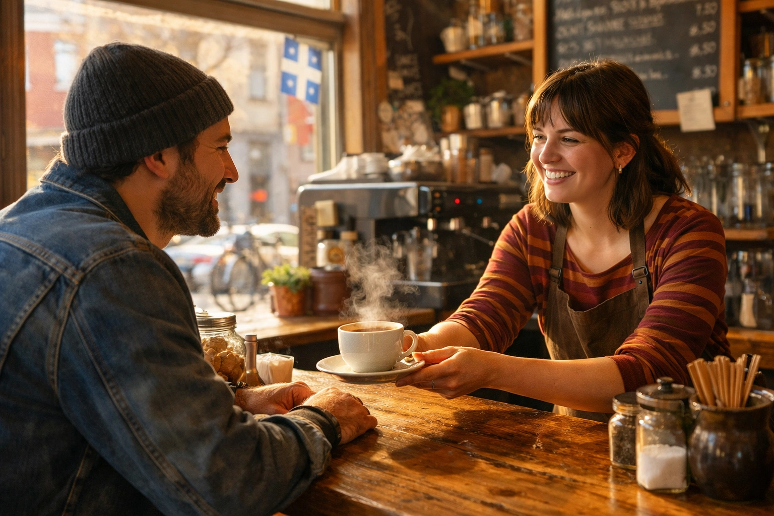 Community connection at a local Montreal coffee shop supporting the neighborhood.