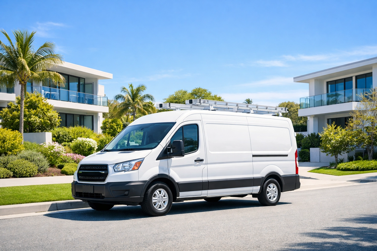 Modern service truck parked in a dense neighborhood area for efficient pool route management.