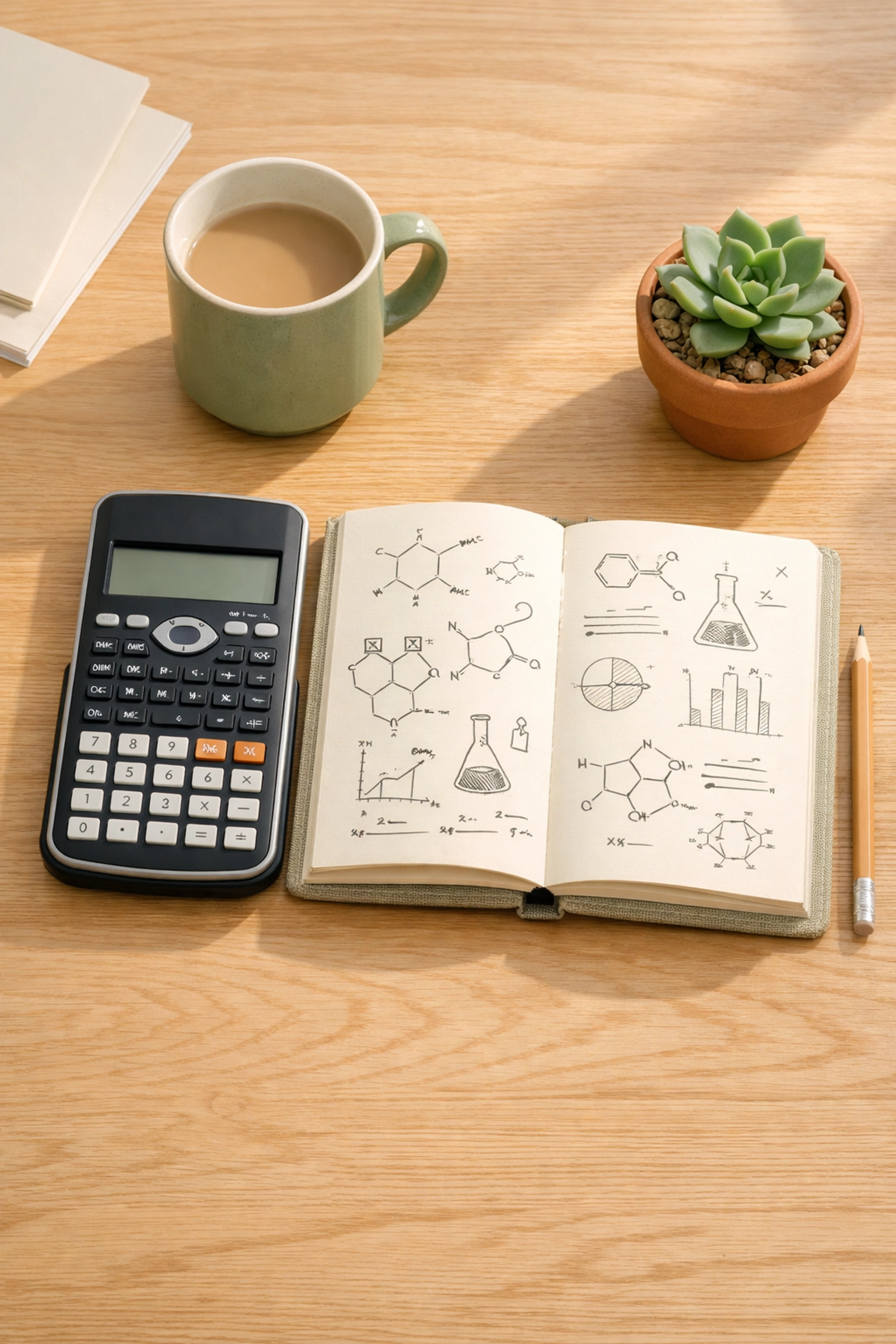 Academic workspace with a calculator and chemistry notes for high-precision A-Level Chemistry revision.