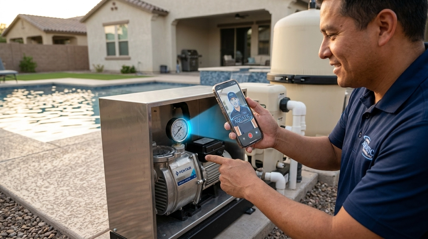 A homeowner getting expert AI support at the equipment pad