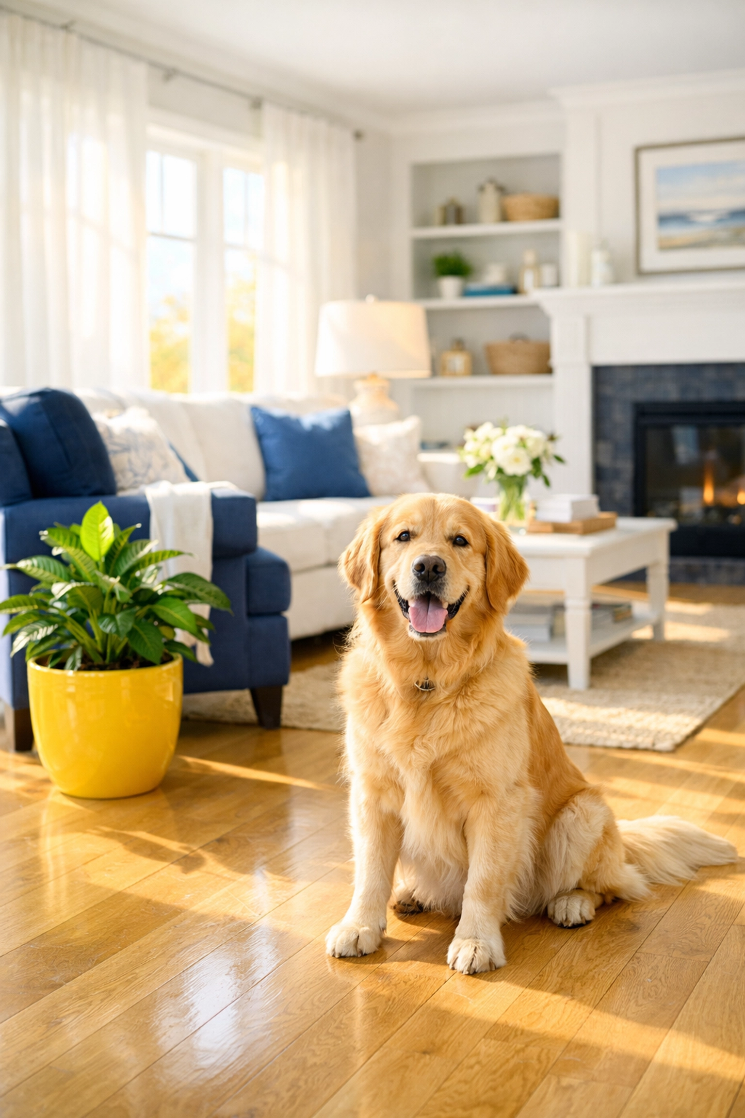 A happy dog on clean floors maintained by weekly house cleaning Groton using pet-safe products.