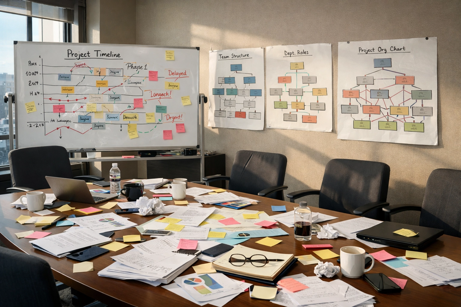 Disorganized conference room showing organizational complexity and conflicting priorities at growing GovCon firm
