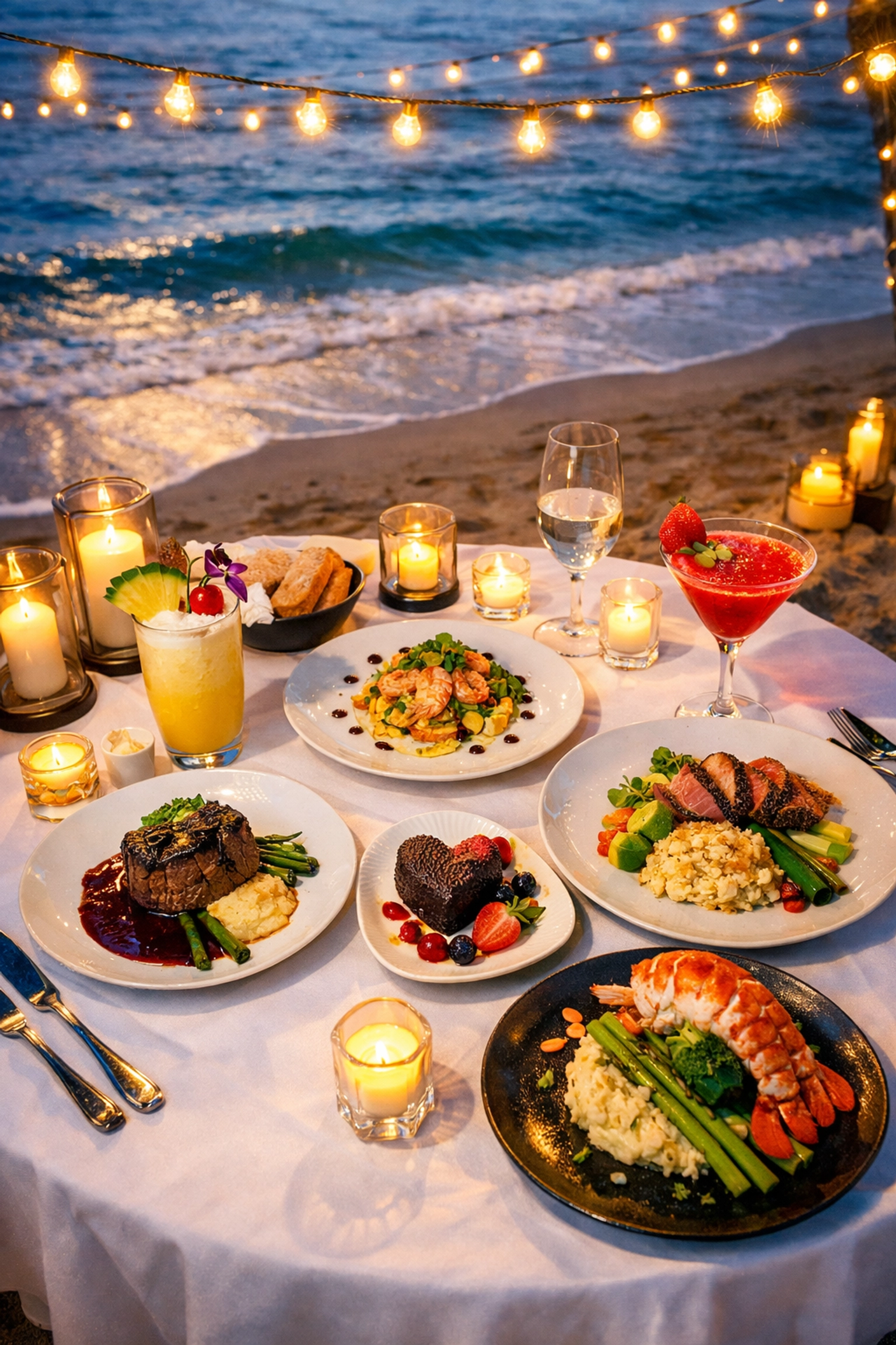 Romantic beachfront dinner setup for two at all-inclusive honeymoon resort