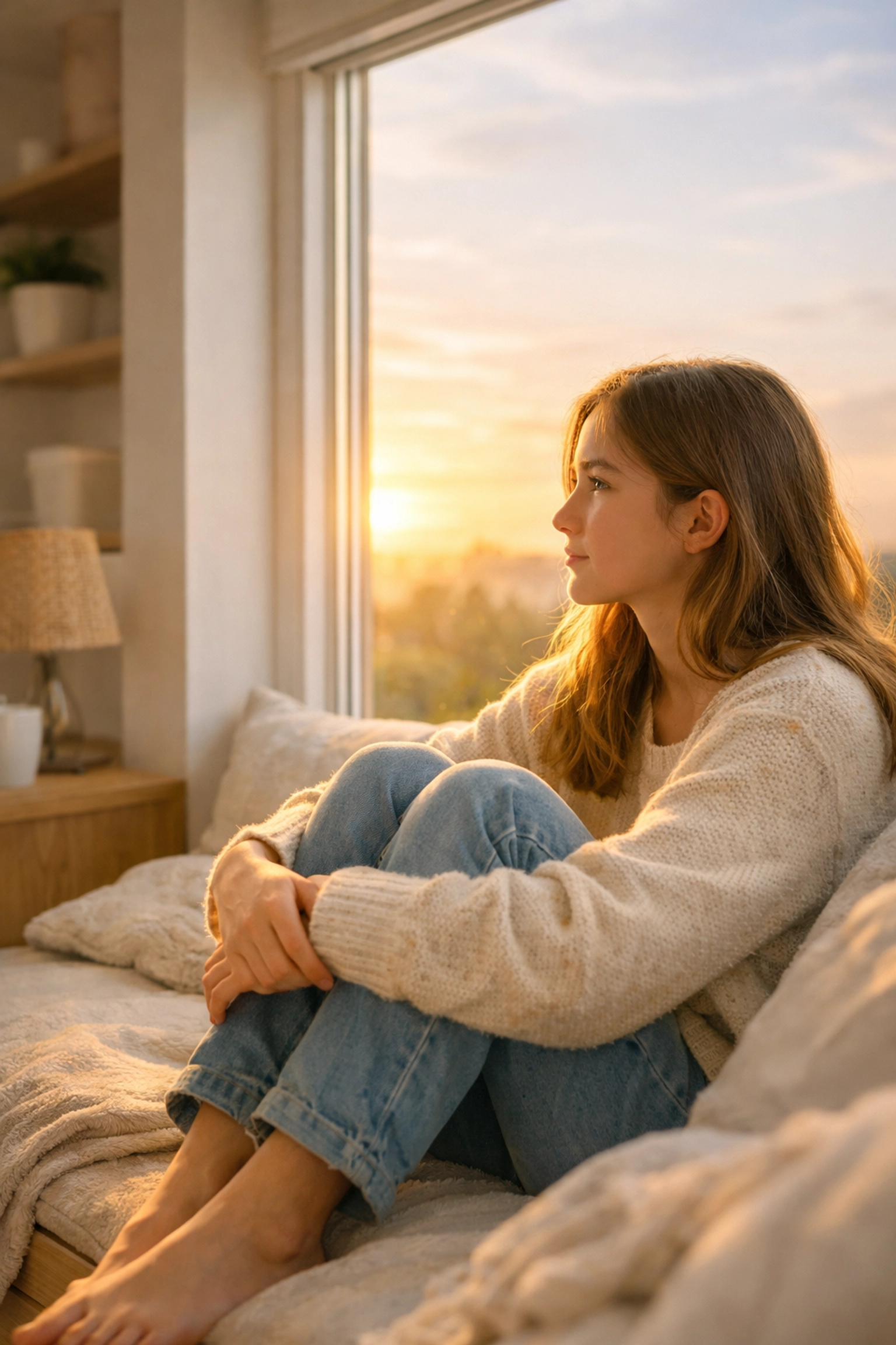 Teenage girl with depression sitting by a window at a residential treatment center.