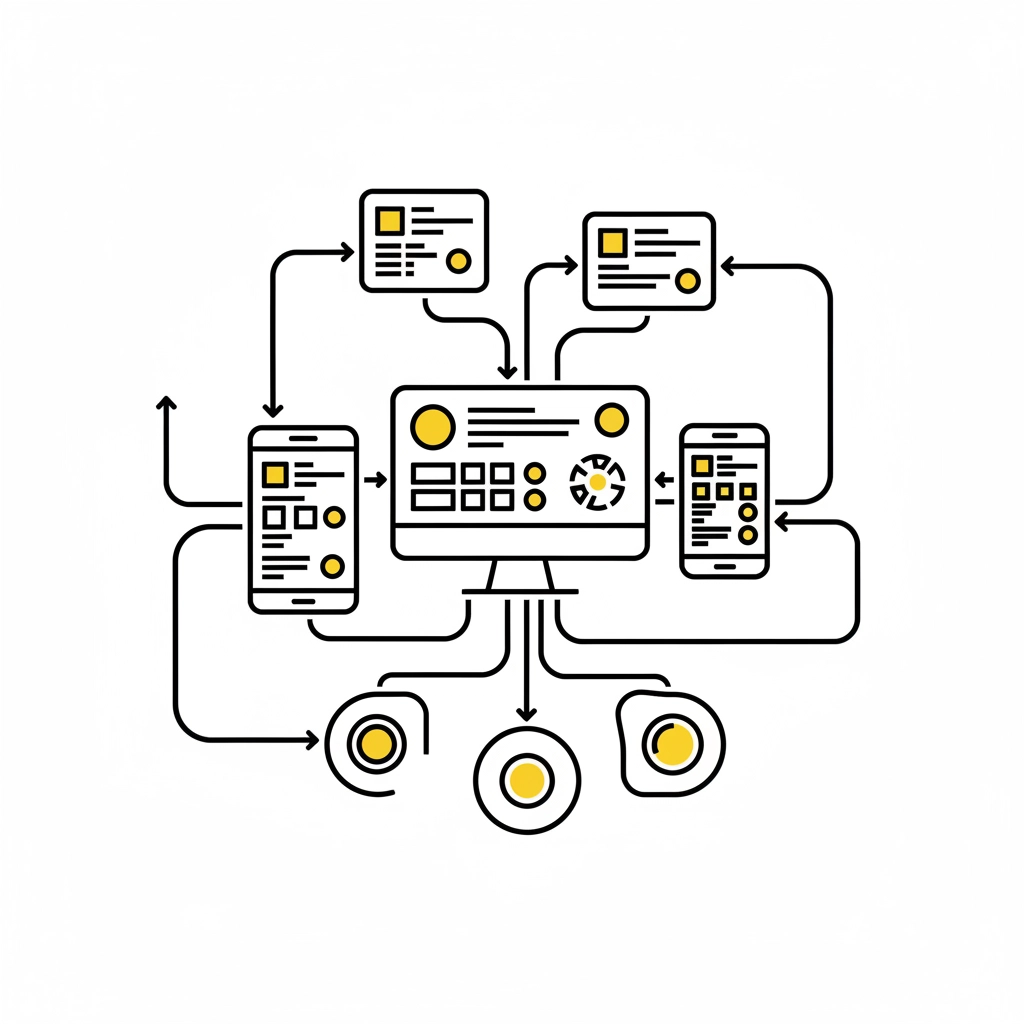 Diagram shows a central computer screen linked to phones and documents by arrows, illustrating data flow. Black and yellow color scheme.