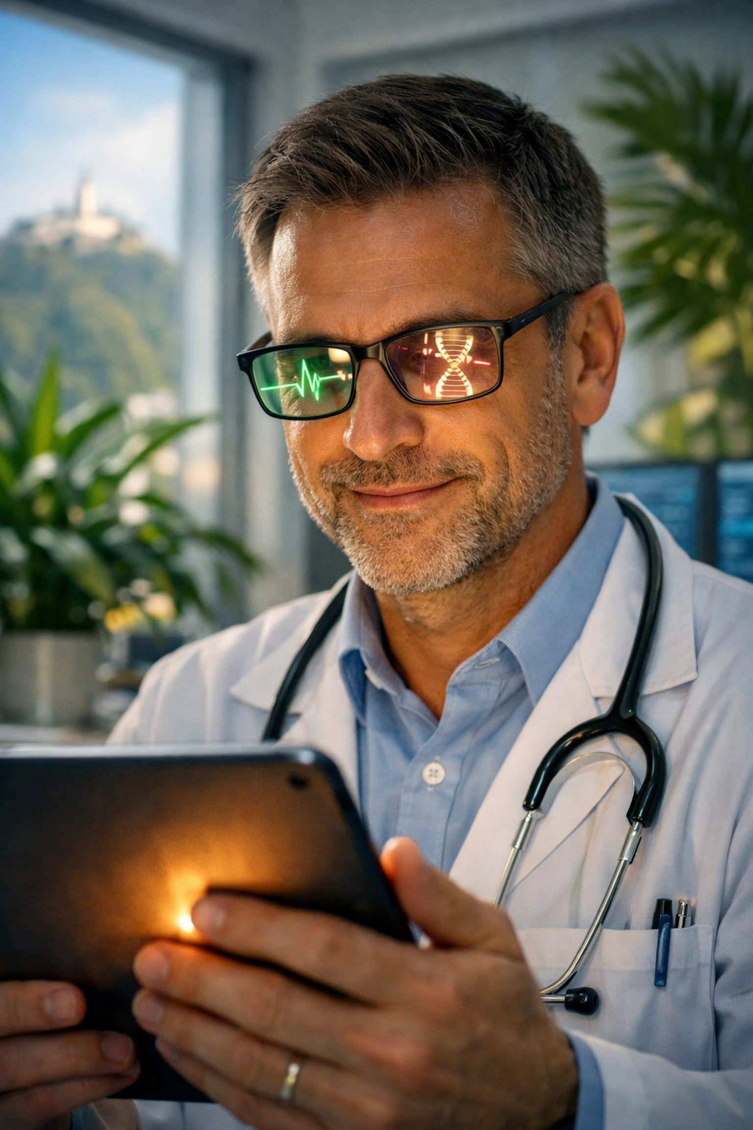 Médico en Bogotá utilizando tecnología digital para humanizar la atención y conectar con sus pacientes.