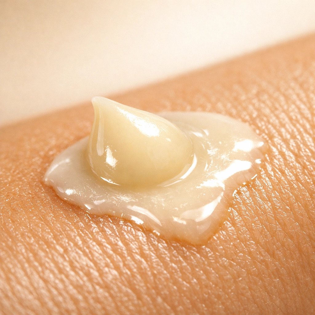 Macro photo of nutrient-rich beef tallow balm absorbing into skin to repair the lipid barrier.