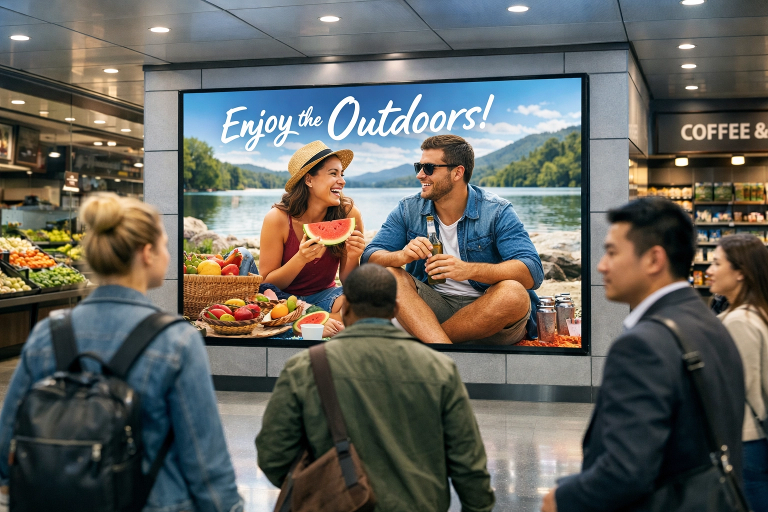 A digital display inside a modern grocery store showcasing venue-targeted DOOH advertising to shoppers in real-time.