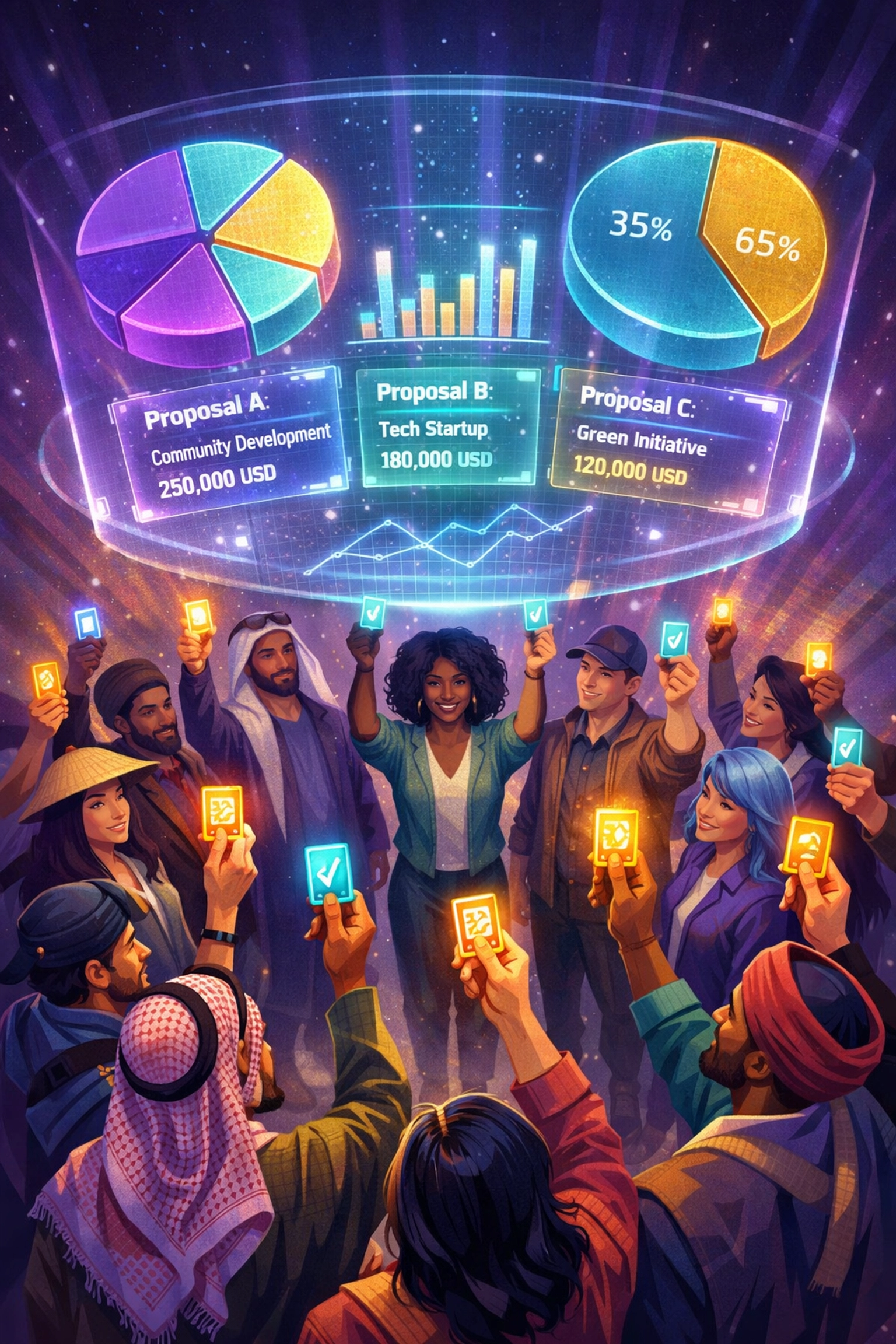 Community members participating in Larecoin DAO governance voting on charity funding proposals