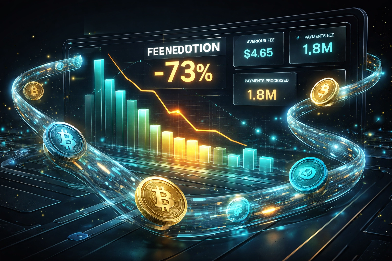 Futuristic digital dashboard visualizing Web3 payment analytics, highlighting dramatic merchant fee reduction with cryptocurrency and stablecoin symbols.