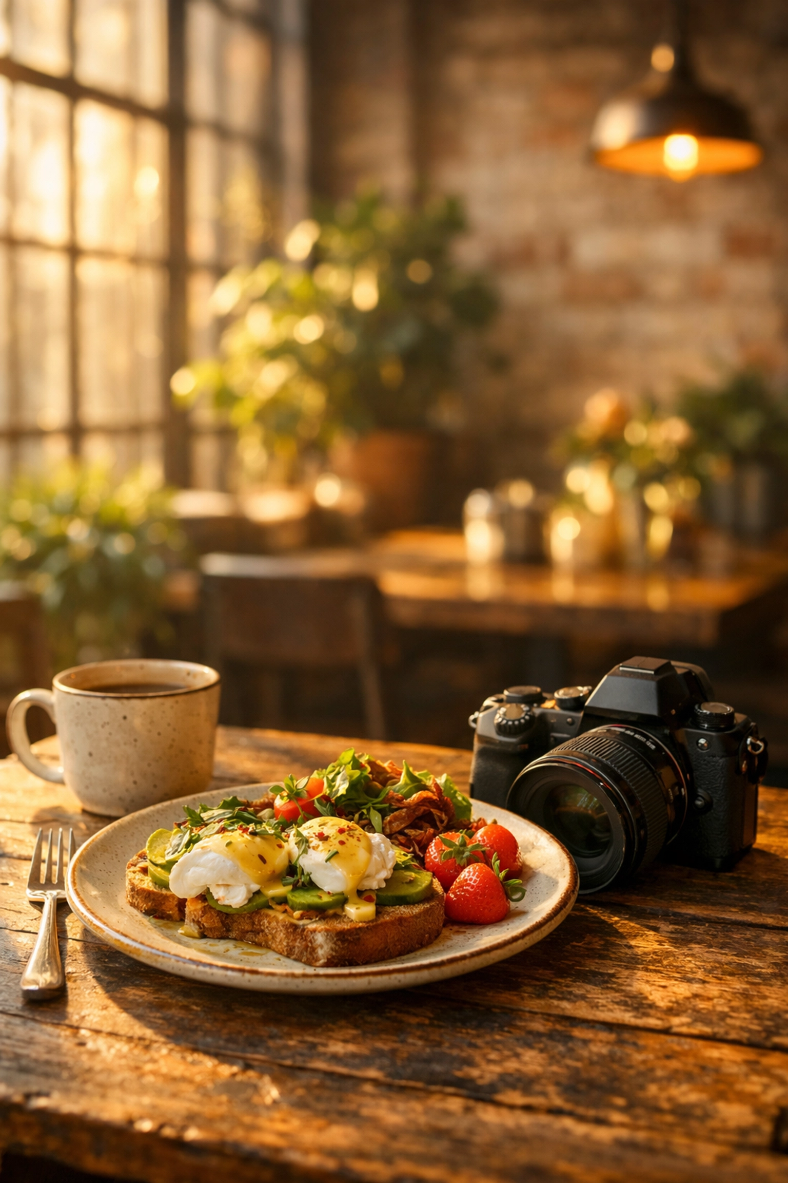 A camera on a wooden table in a sunlit cafe, showing how to find photo spots in everyday local settings.