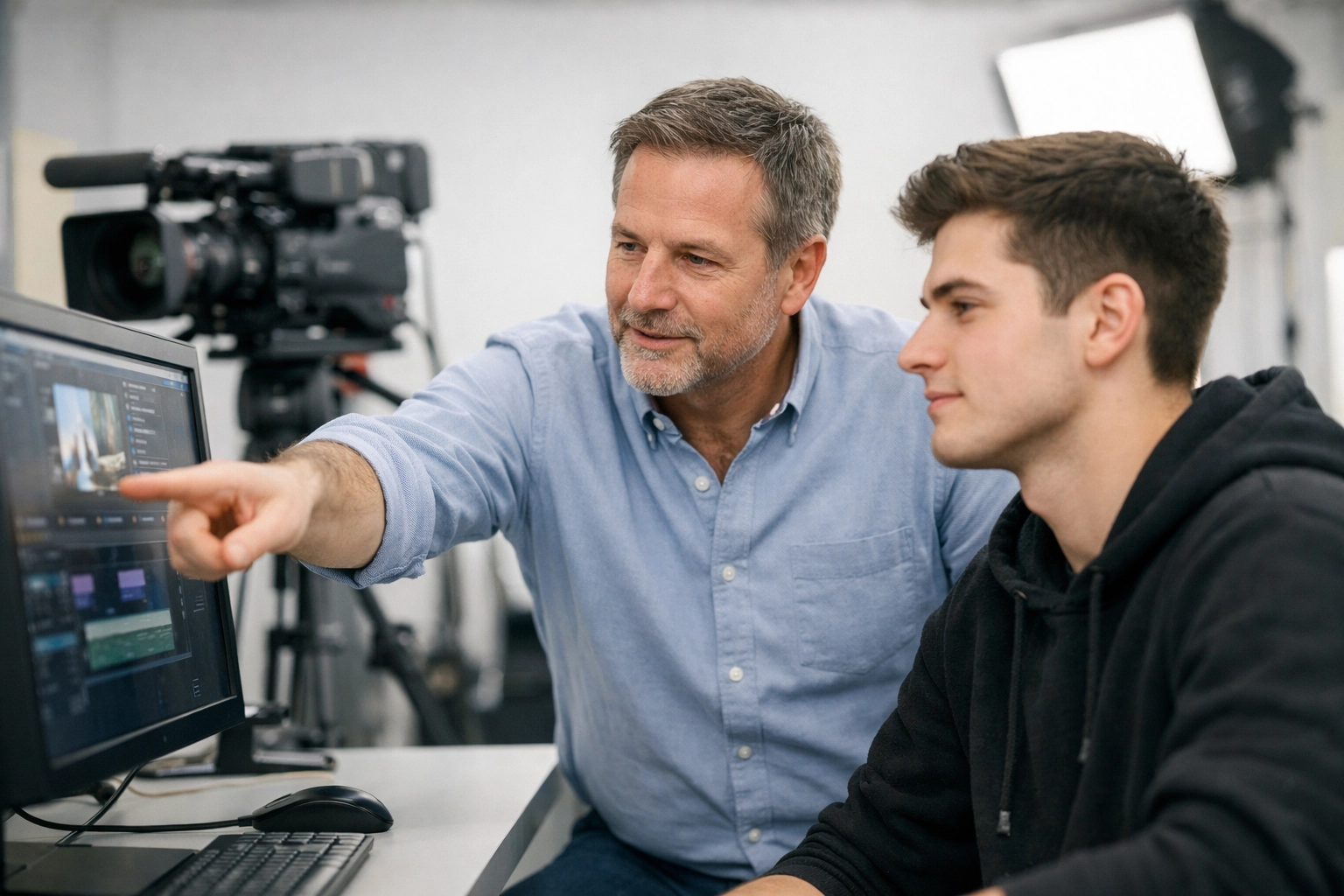 A media professional mentoring a student in a modern digital production studio with professional camera equipment.