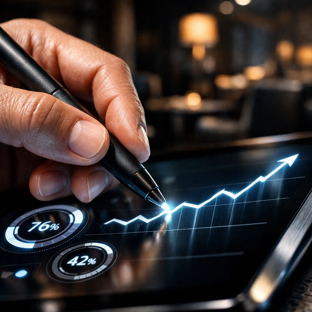 Professional using a digital tablet dashboard to track talent funnel metrics and supply chain data.