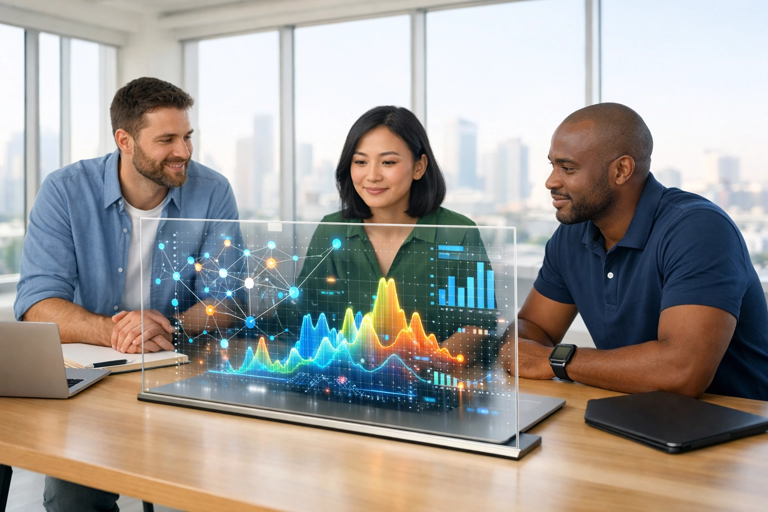 IT team using Agentic AI for autonomous oversight and ServiceNow ITOM management in a modern office.