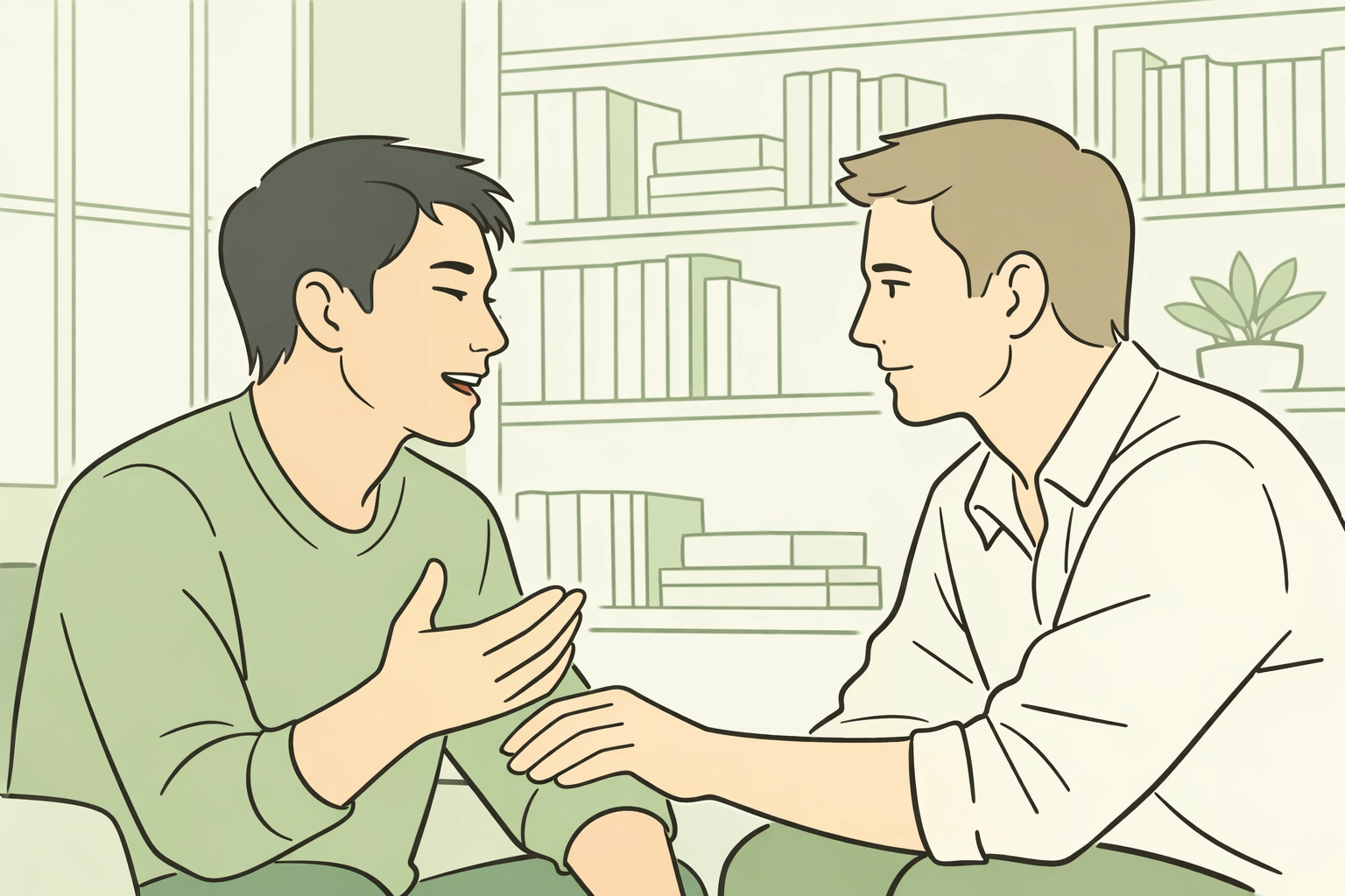 Interracial MM couple in an empathetic conversation, showcasing diverse voices in queer literature.