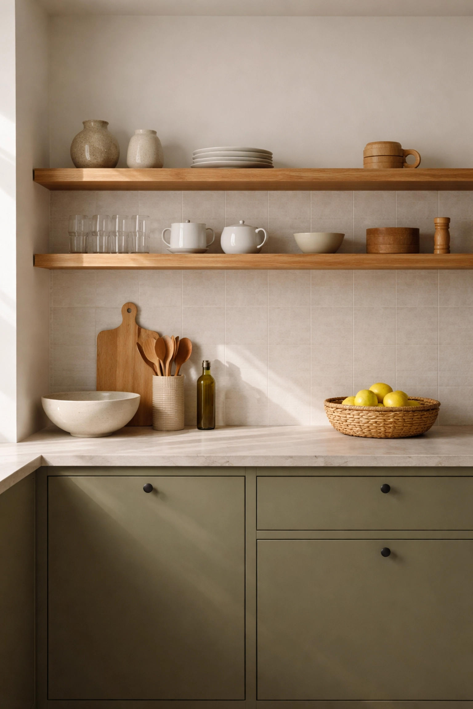 Japandi-inspired kitchen with olive cabinets and oak shelving in a stylish Nottingham home