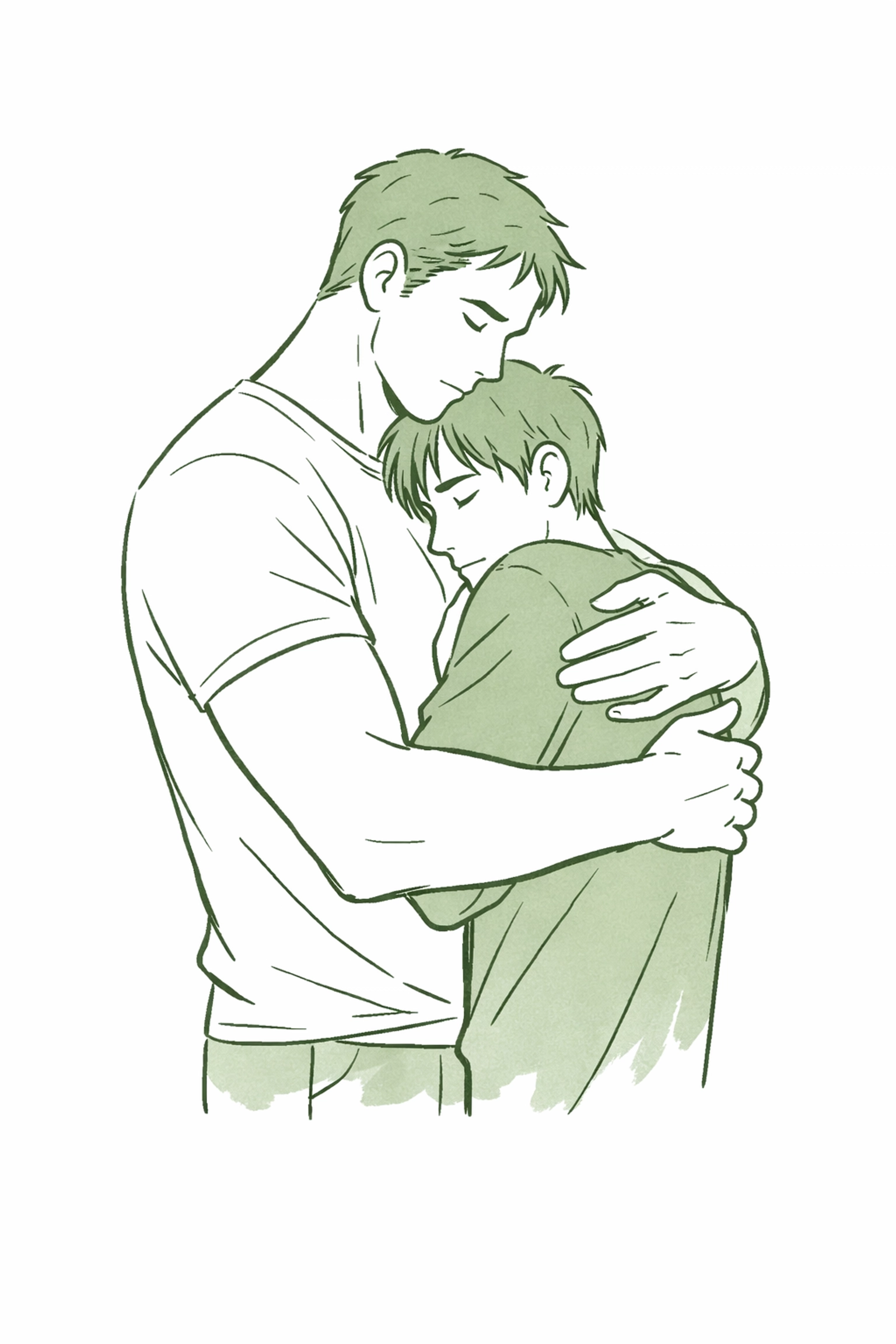 Large man embracing smaller partner showing anxiety comfort in MM romance size difference trope