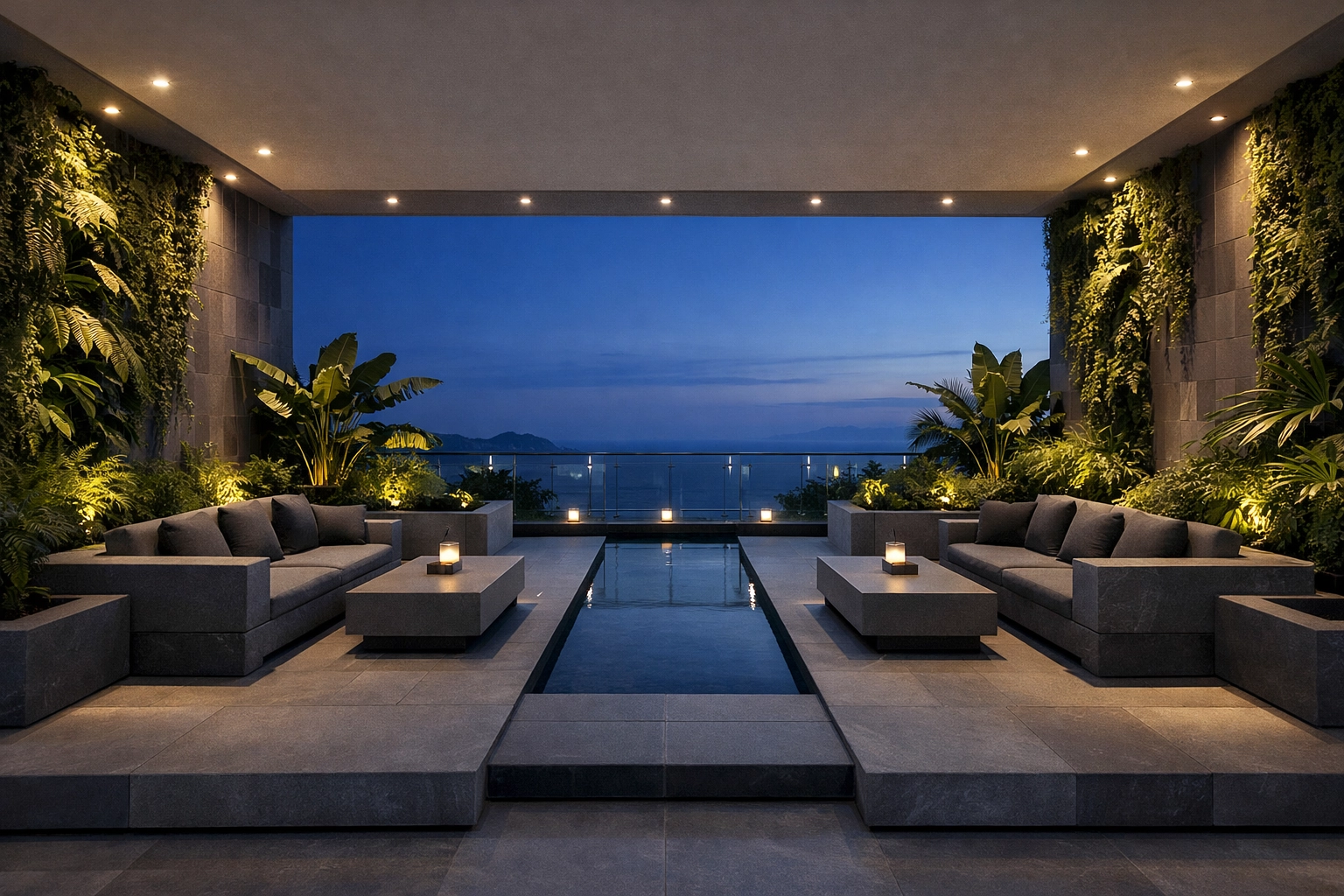 Sustainable luxury hotel terrace featuring vertical gardens and eco-friendly architectural lighting at dusk.