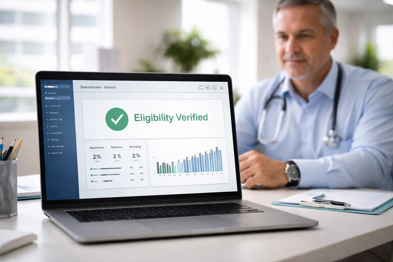 Healthcare administrator in SNF office viewing instant DD214 eligibility verification results on a laptop for faster referral management.