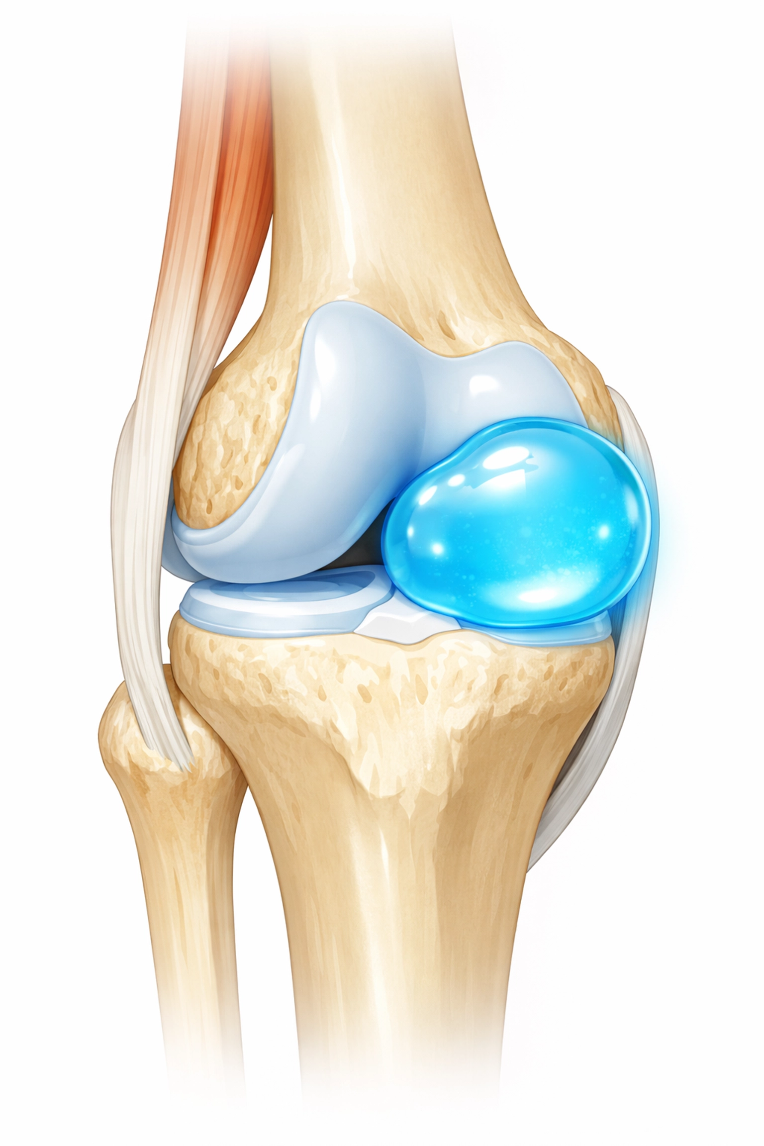 Knee bursitis anatomy showing swollen bursa with excess fluid buildup