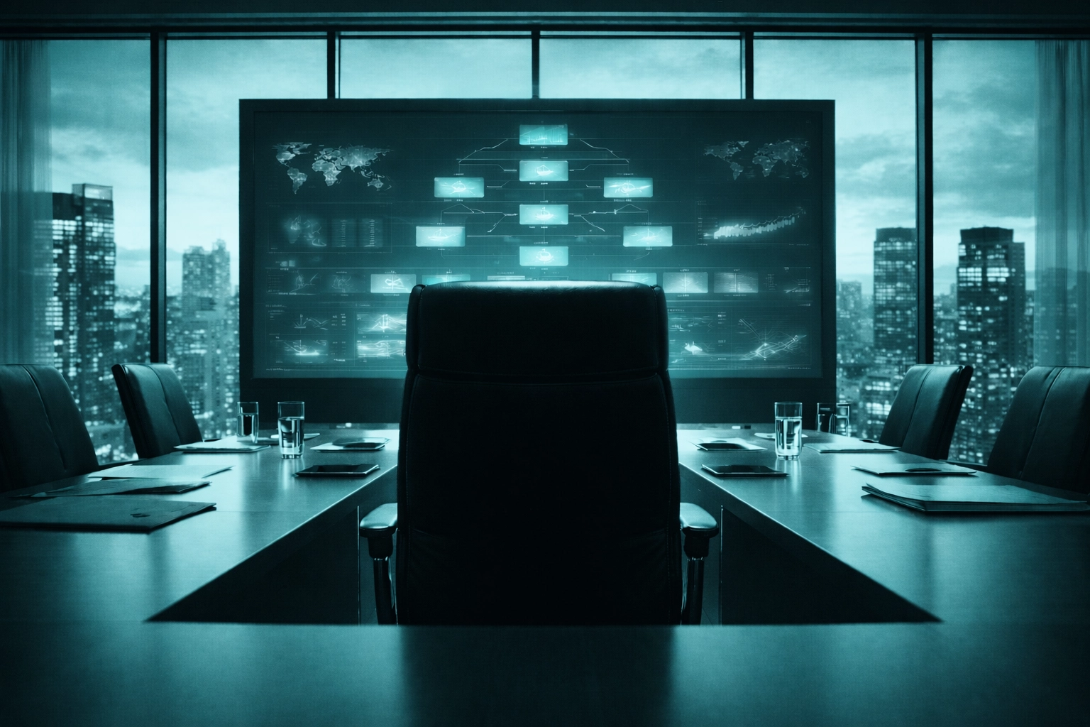 Executive boardroom with digital data displays illustrating leadership focus during S/4HANA transformation talent planning