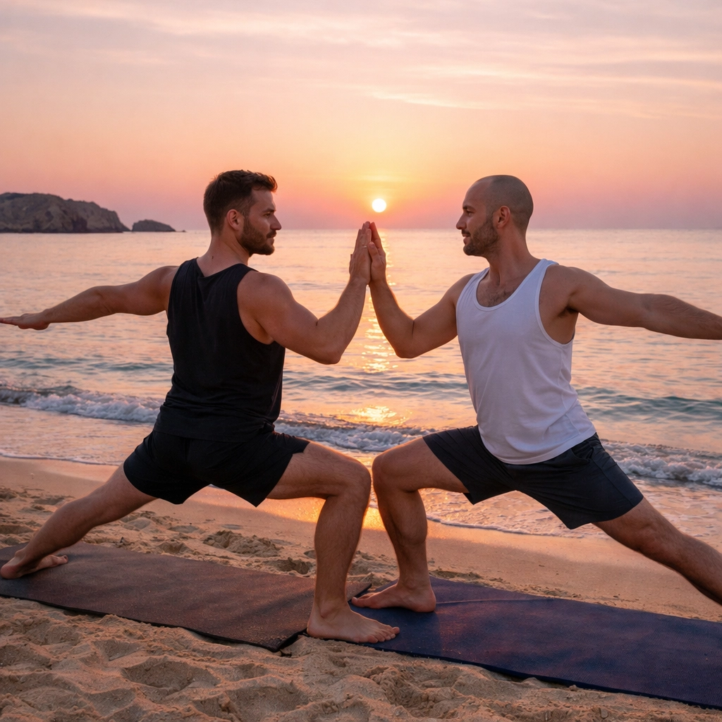 Gay couple enjoying sunrise beach yoga wellness session in Ibiza